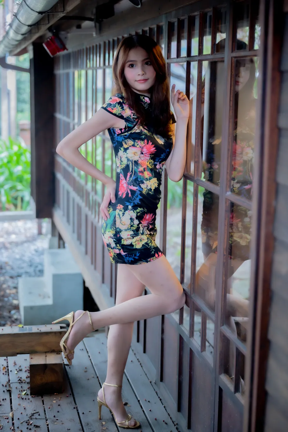 [Mzsock] NO.202 He Jiaxin black flower short cheongsam stockings high heels beautiful legs street photography#[97P]-5